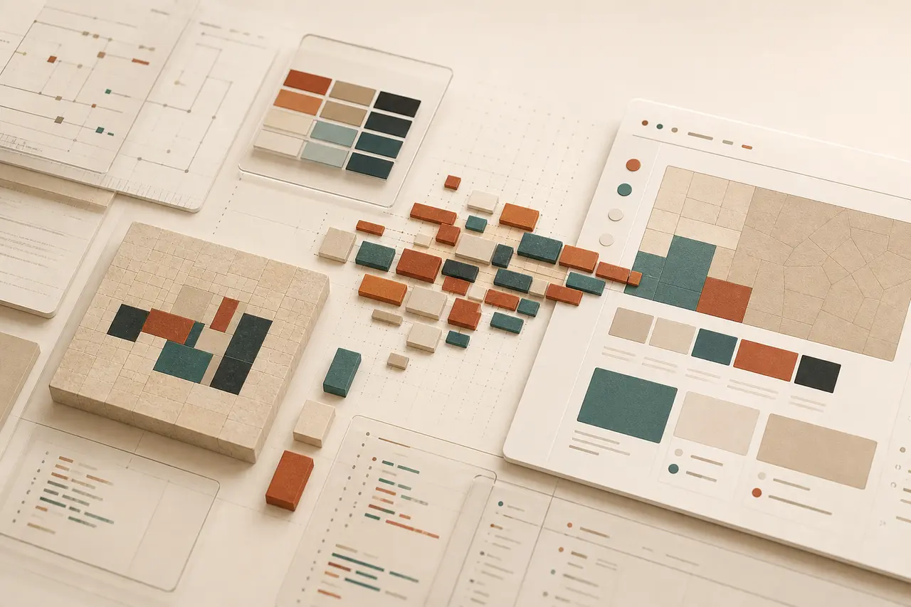Warm Mosvera public aesthetic with tessera blocks, color tokens, and schema panes arranged across a technical workspace.